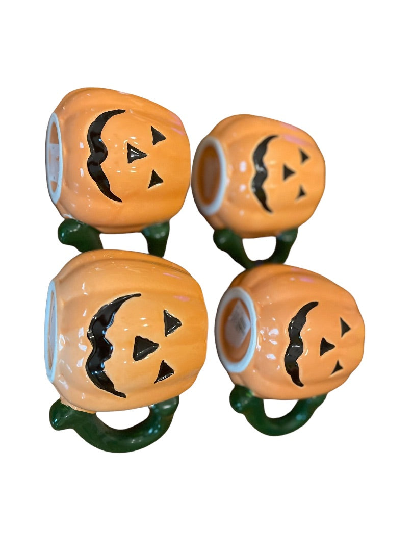 Set of 4 Halloween Ceramic Jack O Lantern Pumpkin Mugs Orange