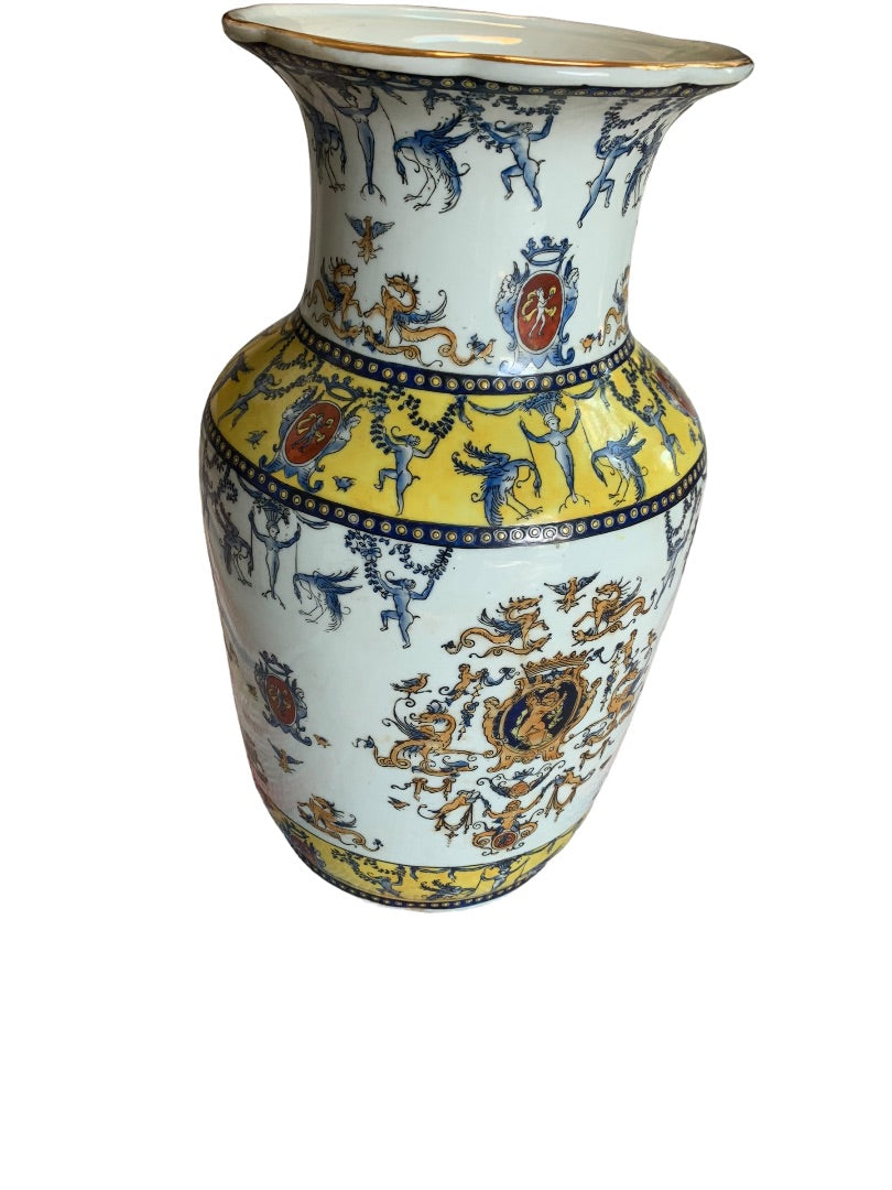 Decorative 14"h Chinese Ceramic Vase Replica of French Design Gold Trim 7.5" Diameter