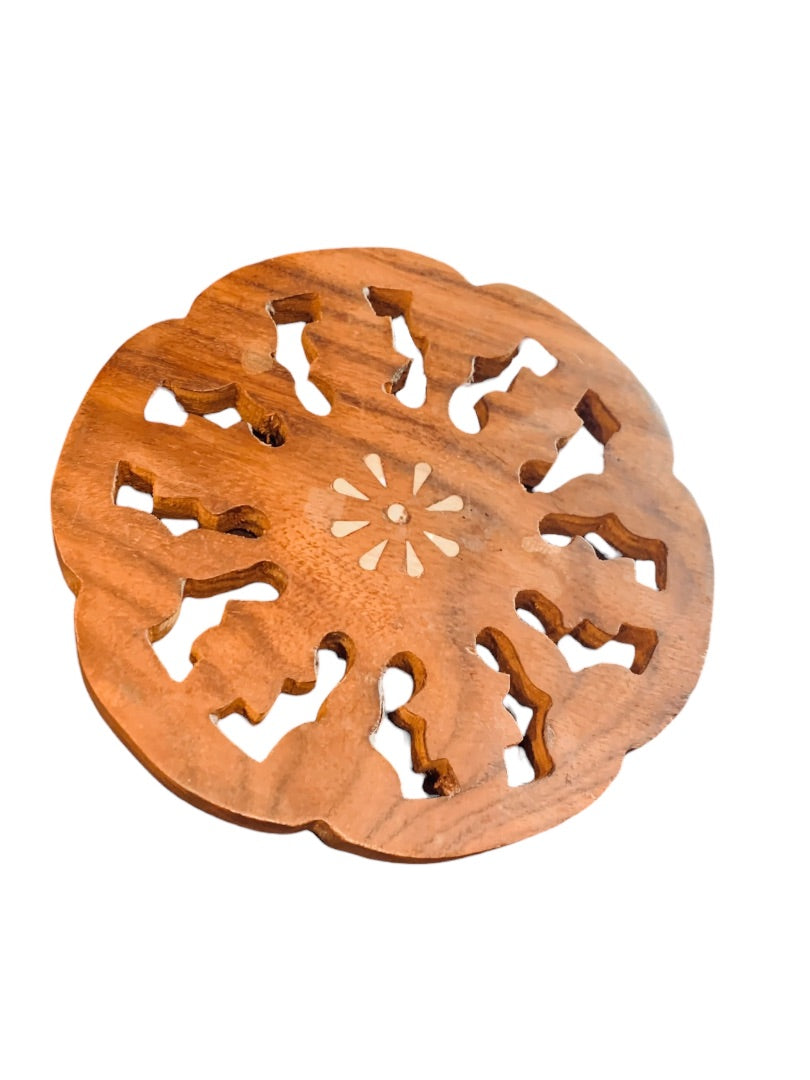 1970s Vintage Wooden Trivet 6" White Inlay Wooden Plant Tray Felt Feet