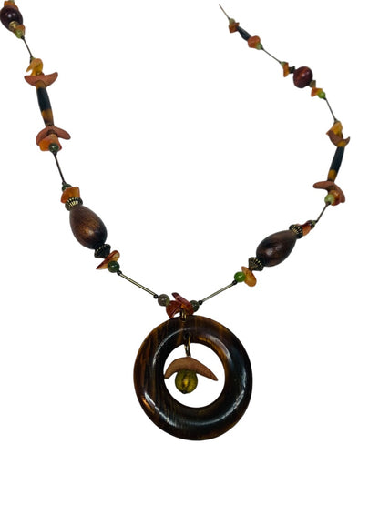 Vintage 1970s Overhead Necklace Wood Yellow Green Beads Pendant 2" Drop 34"