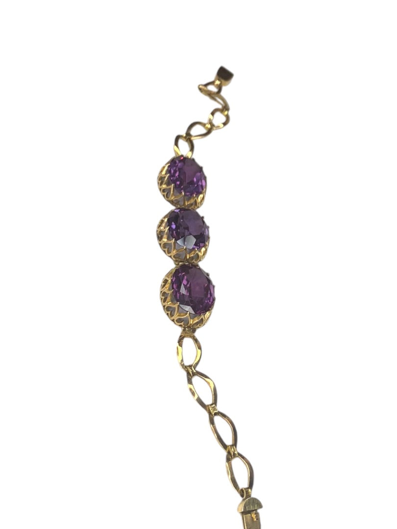 14k Yellow Gold Synthetic Amethyst Bracelet Vintage Jewelry Heart Filigree Setting 7.5"