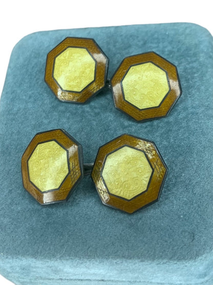 Antique Art Deco Signed Hallmark Yellow Brown Guilloche Enamel Cufflinks Pair Hexagon