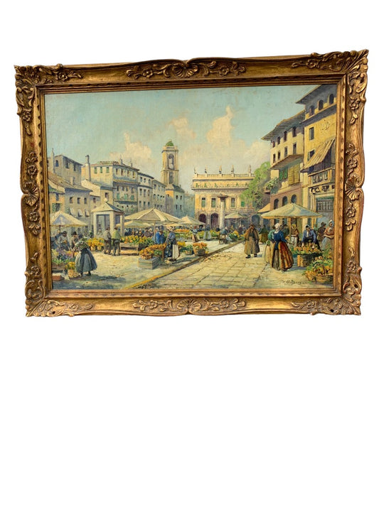 H Johanns Oil Painting on Canvas Market Day Town Square Signed 33.5" x 45.5" Framed