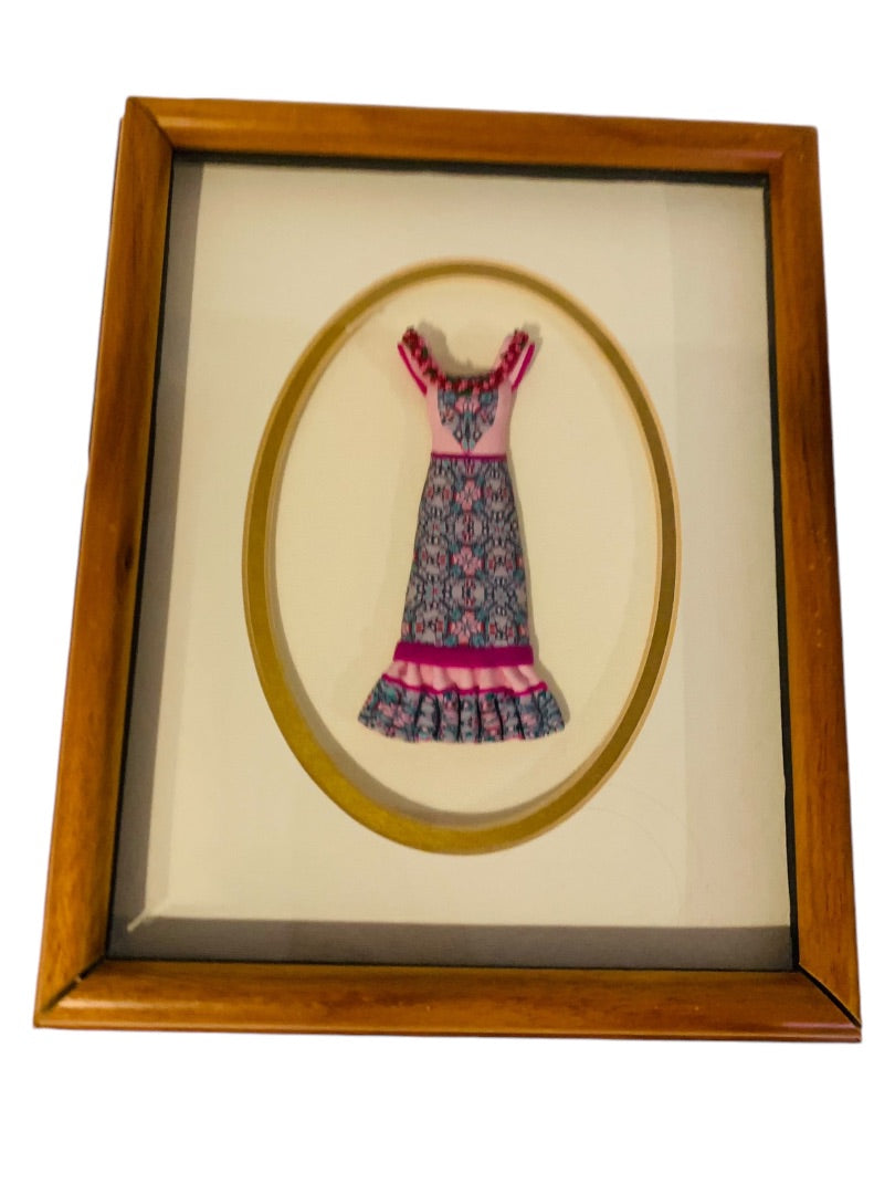 Framed Dimensional Clay Art Peasant Dress Pink Blue Wooden Frame. 11.5" x 9.5"