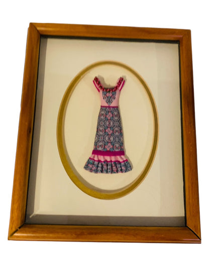 Framed Dimensional Clay Art Peasant Dress Pink Blue Wooden Frame. 11.5" x 9.5"