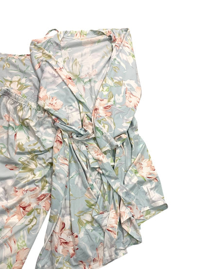 Size 4XL Womens 3 Piece Lounge Pajama Set Pastel Soft Floral Robe Cami Pants