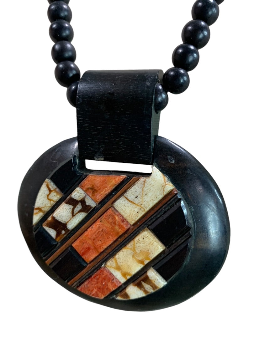 Vintage Wooden Beaded Pendant Statement Necklace Boho Style 30" Overhead No Clasp