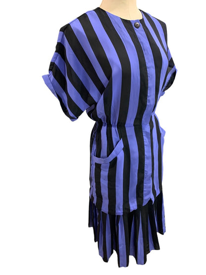 Size 6 Blake Elizabeth Purple Black Stripe Vintage 1980s Dress Pockets Pleated Hem