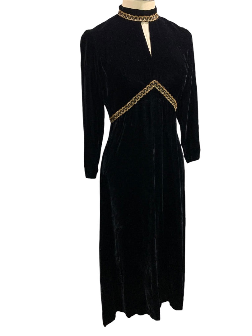 Small Black Velvet 1960s Handmade Dress Gold Tim Full Length