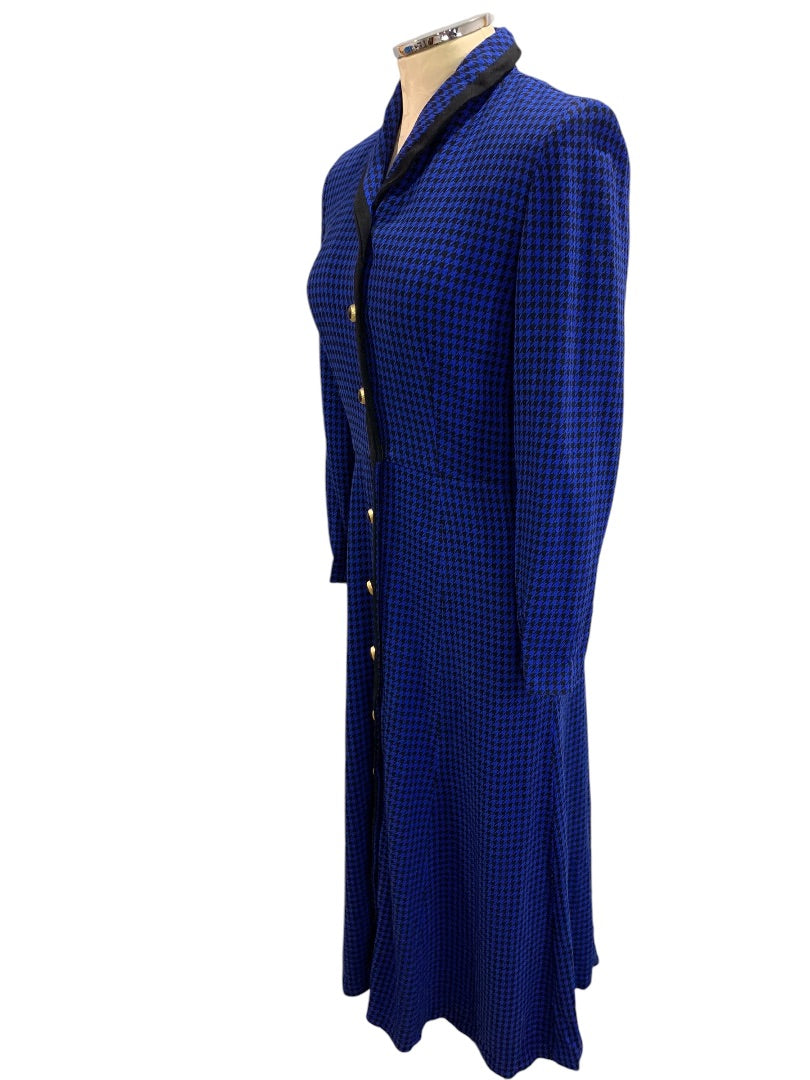 Size 6 Talbots Button Up Vintage 1980s Dress Blue Houndstooth Pockets