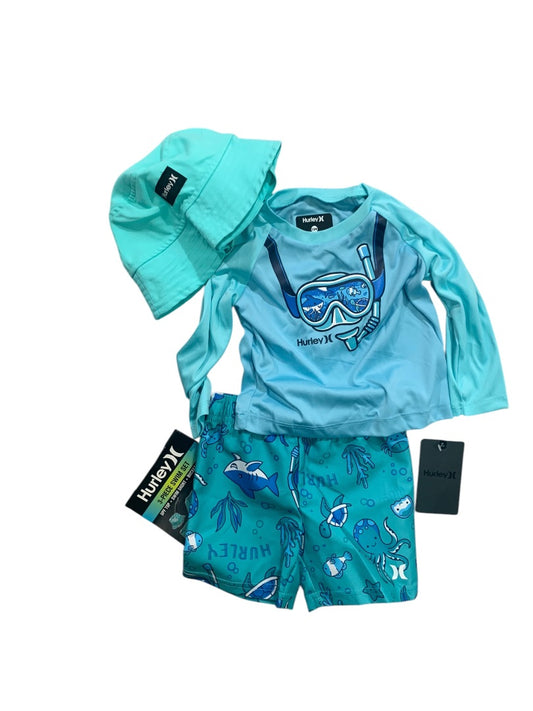 12 Months Hurley 3 Piece Swim Set Boys New Top Short Hat UPF 50+