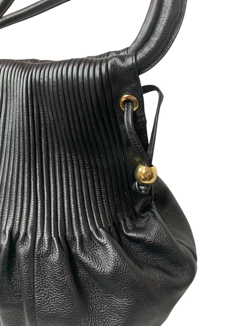 Vintage Bodhi Black Pebbled Leather Pleated Handbag Goldtone Hardware