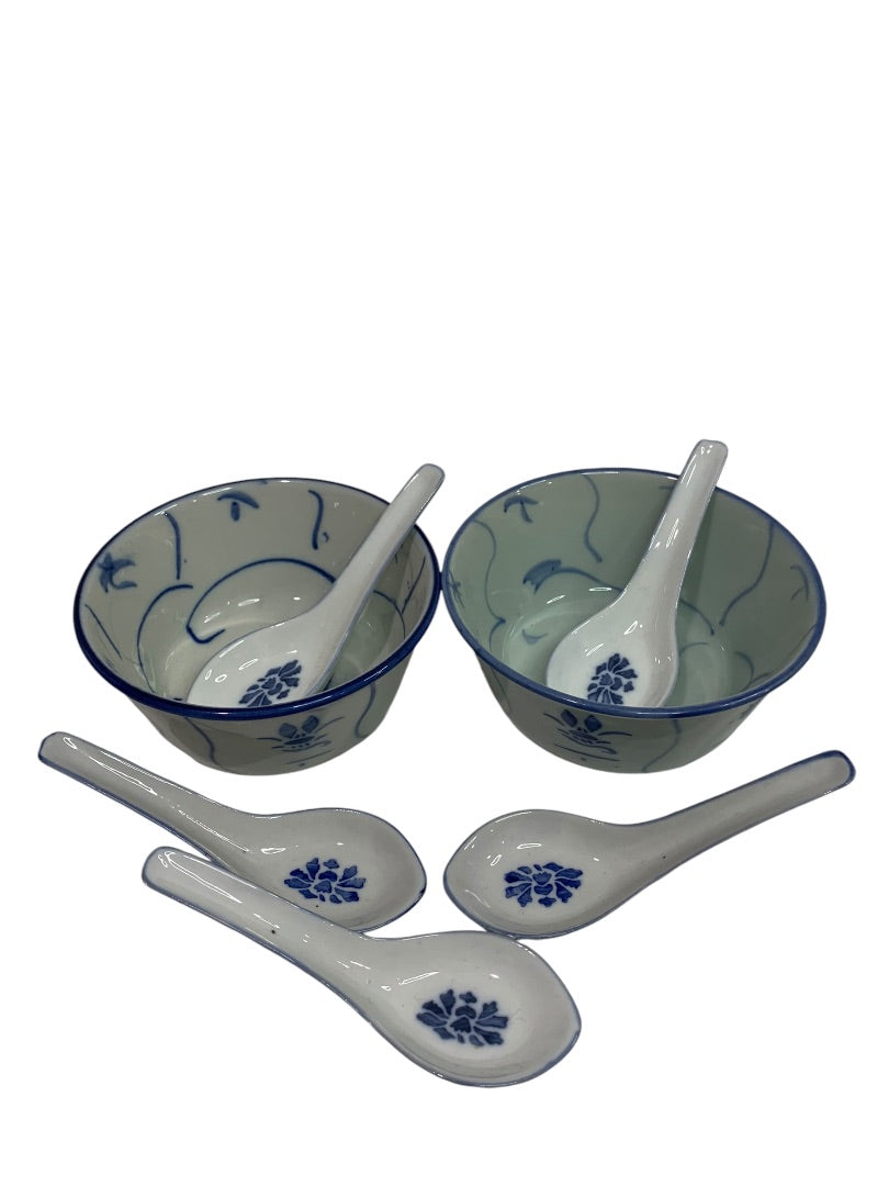 Chinese 2 Rice Bowls and 5 Spoon Set Blue White