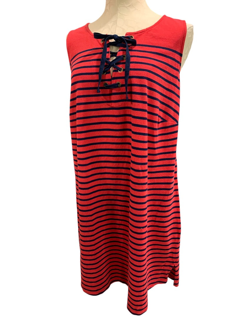 1X Talbots Woman Casual Knit Shift Dress Red Navy Blue Stripe Sleeveless