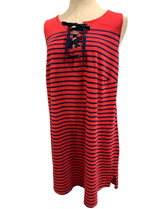 1X Talbots Woman Casual Knit Shift Dress Red Navy Blue Stripe Sleeveless