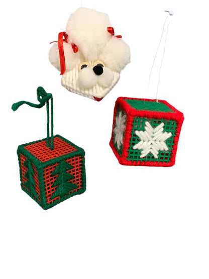 1980s Christmas Ornaments Yarn Cross Stitch Needlepoint Cubes Dog Kitschy