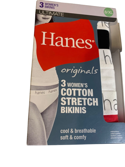 Size 8 (XL) Hanes Originals Womens Cotton Stretch Bikini 3 Pack