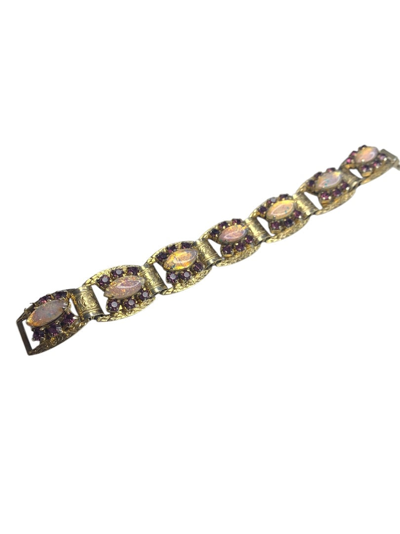 Vintage Ornate Goldtone Bracelet Pink Purple Stones 7 Inch Box Clasp