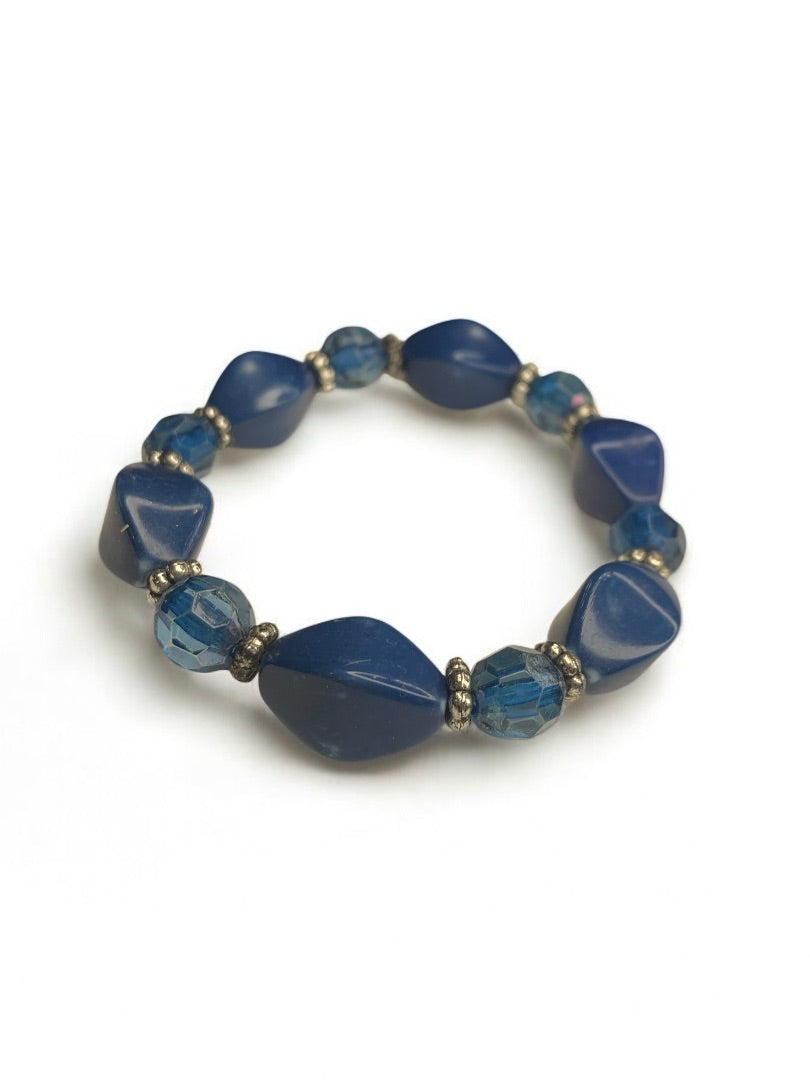 Blue Silvertone Spacers Acrylic  Beaded Stretch Bracelet