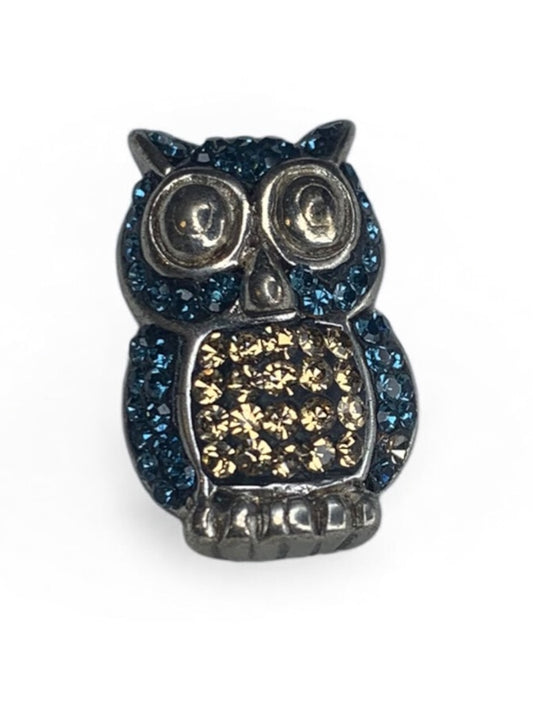 Small Silvertone Owl Pendant Blue Crystals .75"