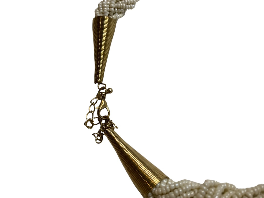 Vintage Goldtone White Seed Bead Statement Necklace 18-22 Inch