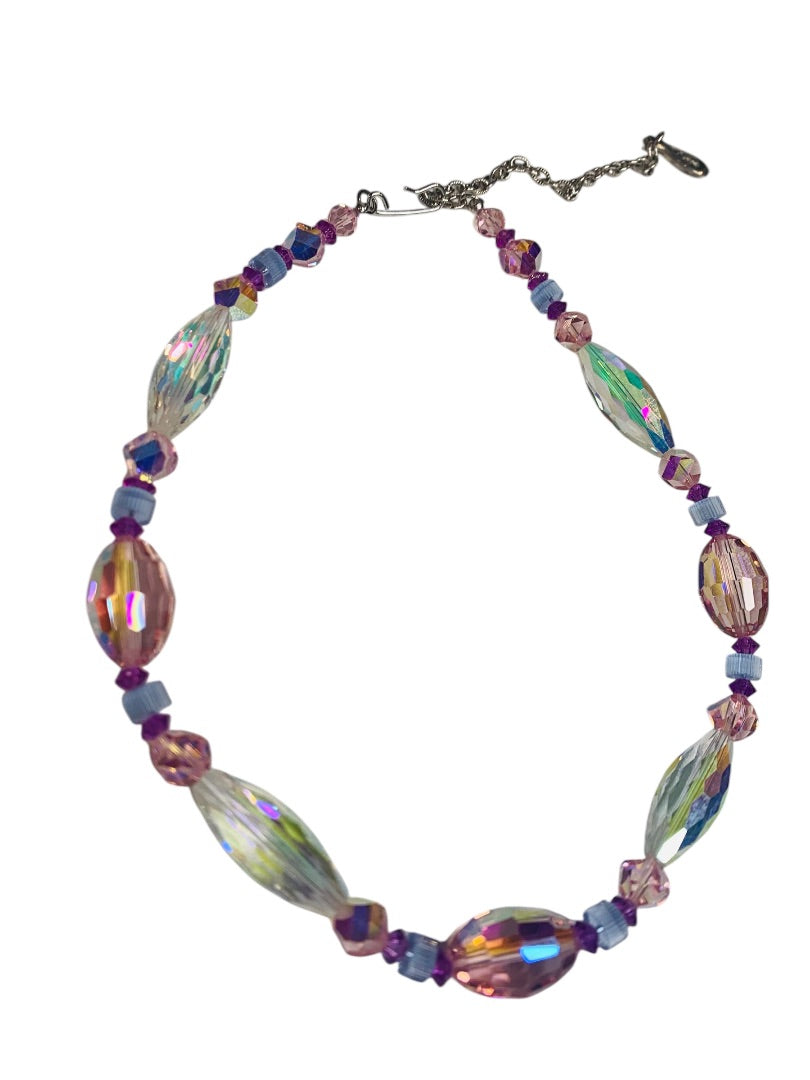 Aurora Borealis Beaded Necklace Choker 14-17 Inch Multicolor Hook Closure