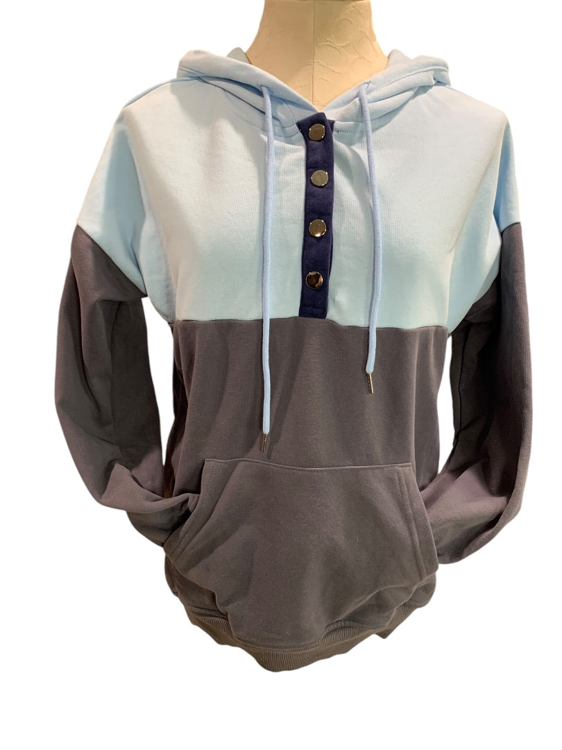 Medium Womens Blue Gray Hoodie Sweatshirt Snaps Colorblock