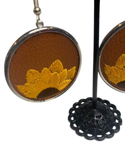 Silvertone Embroidered Faux Leather Sunflower Hook Pierced Earrings