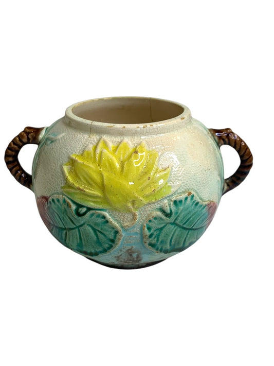 Antique Majolica Water Lily Pond Rope Sugar Bowl Handled