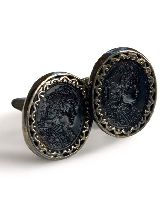 Vintage Signed DaVinci Cufflinks Intaglio Carved Soldier Bullet Back