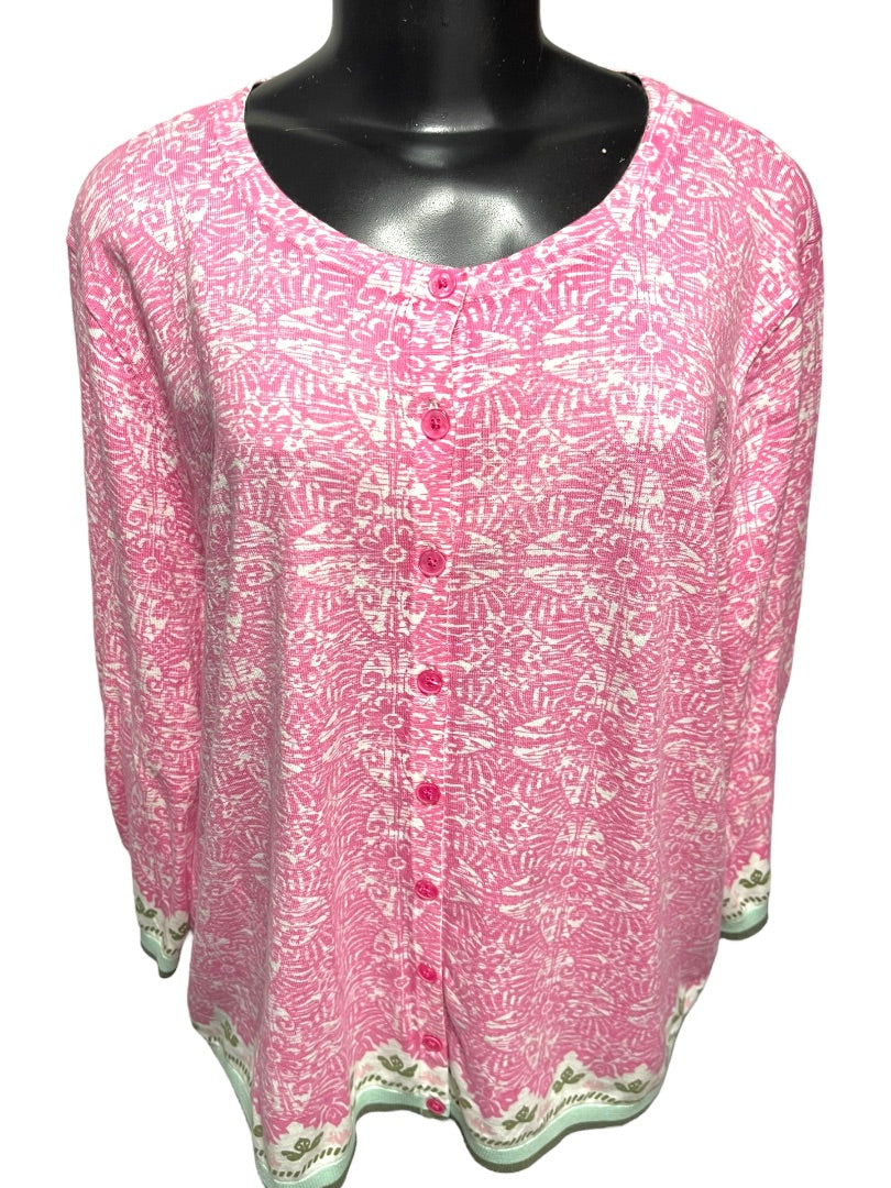 3X Talbots Plus Womens Lightweight 3/4 Sleeve Cardigan Sweater Pink Contrast Trim