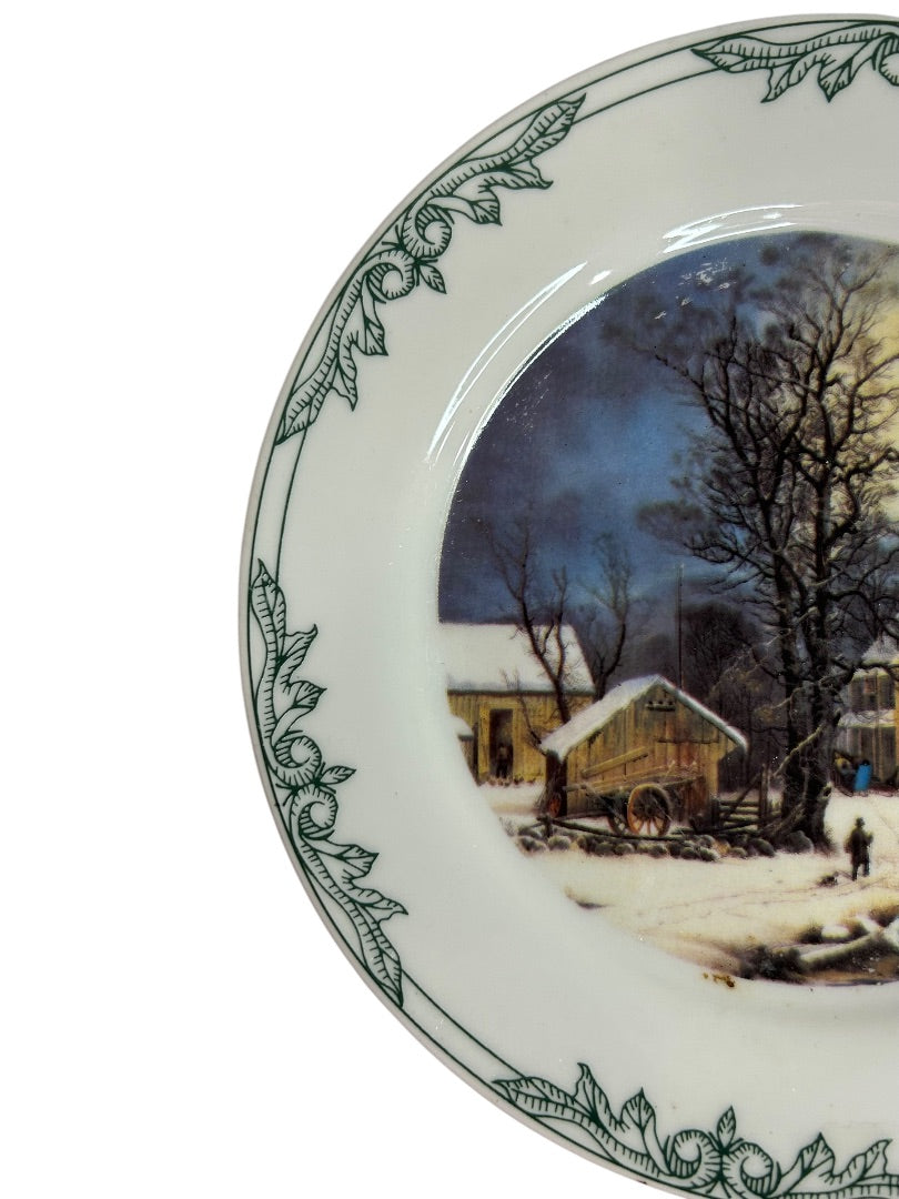 Currier and Ives 2001 Decorative 8 Inch Plate Sleigh Farmhouse Scene