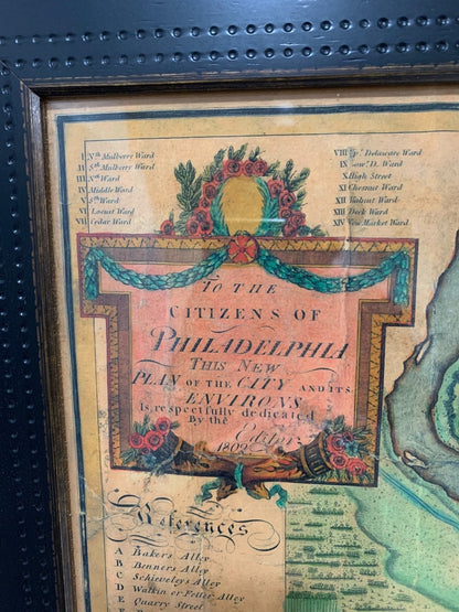 Reproduction 1802 Framed Map of Philadelphia Wooden Frame 34.5 x 26.5 Inches