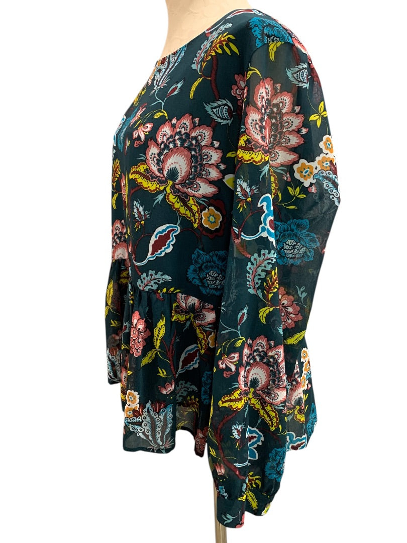 Medium LOFT Sheer Floral Print Blouse Flounce Hem Shirt
