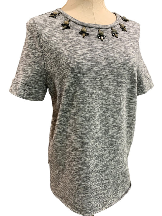 Large Petite Ann Taylor Loft Embellished Terry Short Sleeve Shirt Gray