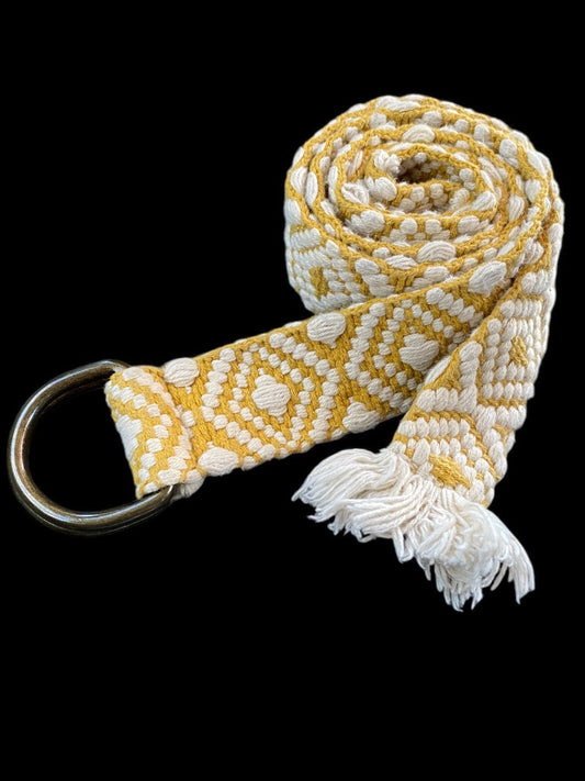 Womens Boho Woven Belt D-Ring Fringed 1.5 Inch Width Gold Off White