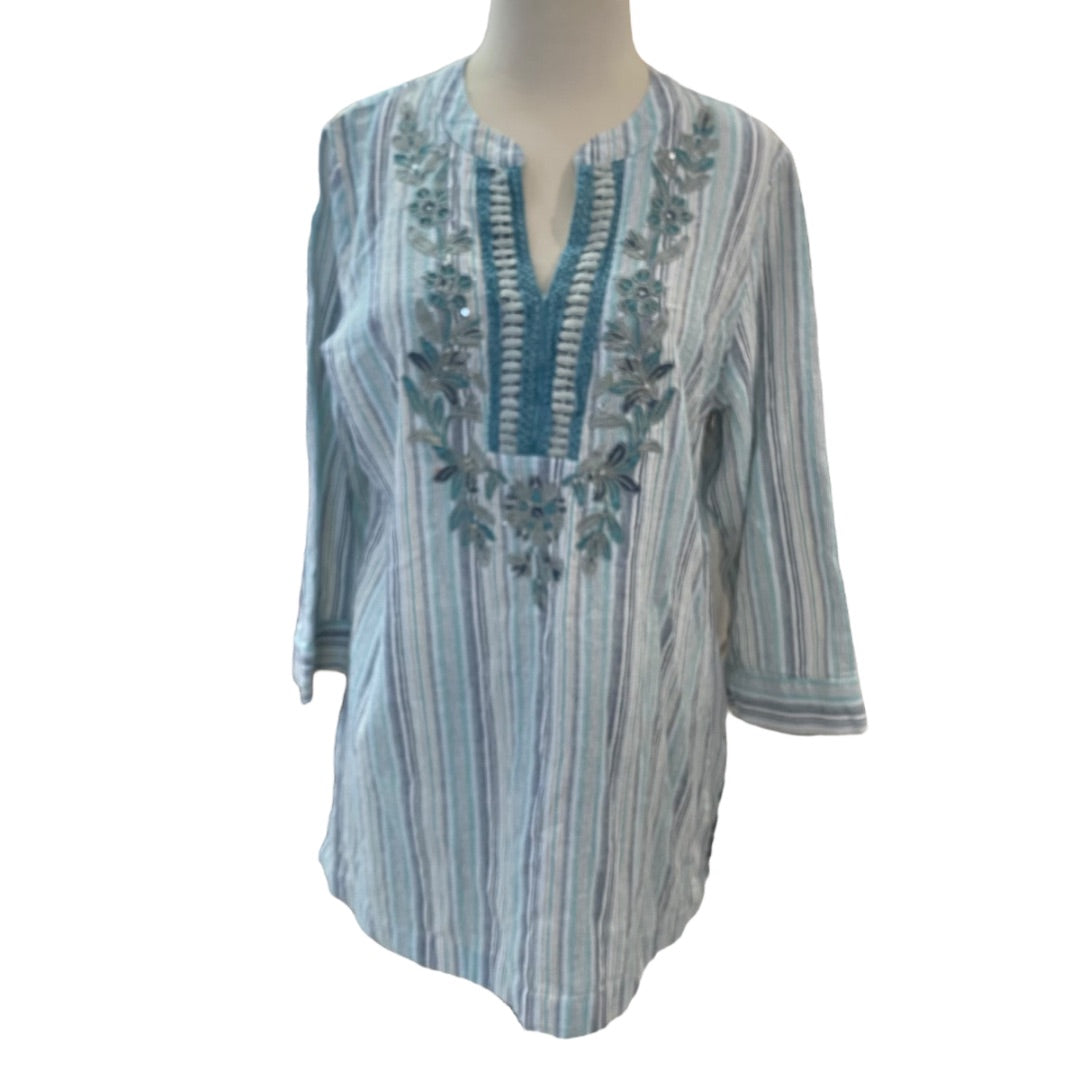 Large Soft Surroundings Womens Tunic Shirt Embelia Blue Green Embroidered Sequin