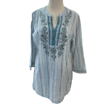 Large Soft Surroundings Womens Tunic Shirt Embelia Blue Green Embroidered Sequin