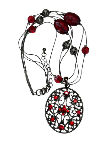 Pewter Color and Red Necklace Beaded Pendant Multistrand 16-18 Inch