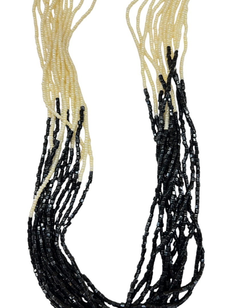 Multistrand Cream Black Beaded Necklace Goldtone Clasp 28 Inch