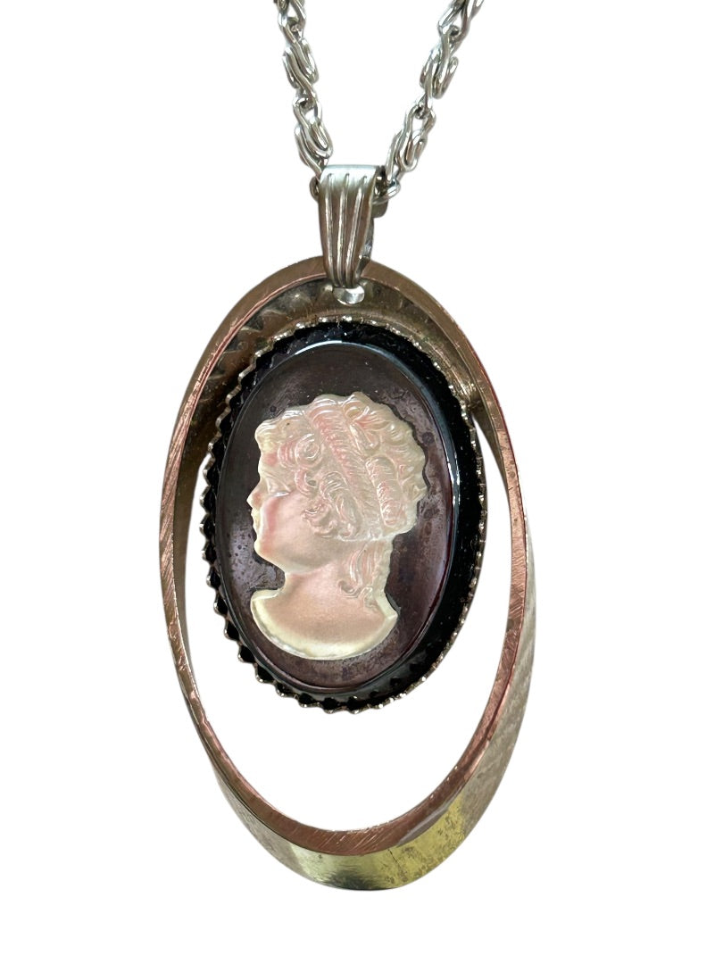 Silvertone Overhead Necklace 24 Inch Cameo Pendant 1.75"
