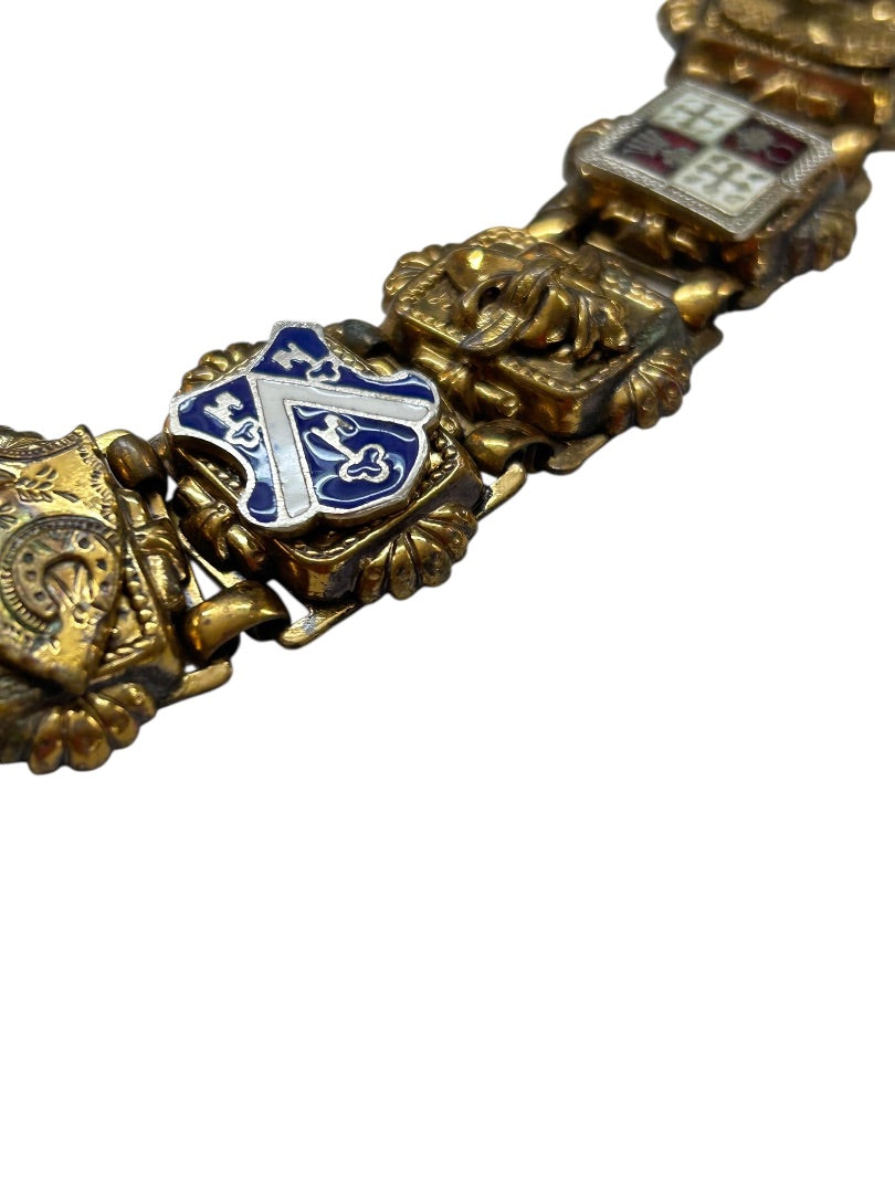 Vintage Goldtone 7 Panel Bracelet Crests France 7 Inch Chunky