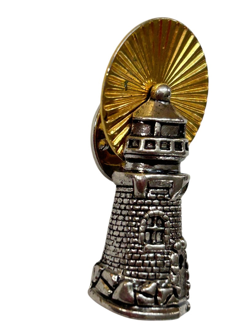 Vintage Signed Avon Lapel Pin Lighthouse Beacon 1.4" Goldtone Silvertone
