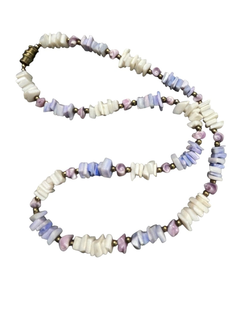 Puka Chip Shell Necklace White Purple Goldtone Barrel Clasp 16 Inch