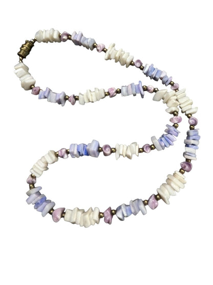 Puka Chip Shell Necklace White Purple Goldtone Barrel Clasp 16 Inch