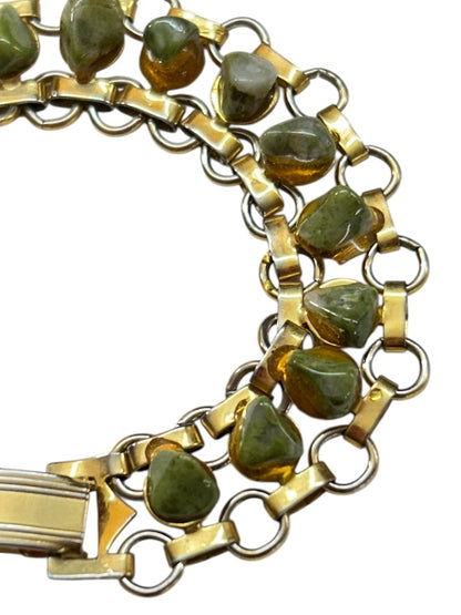 Vintage Goldtone Green Stone Bracelet 7 inch Foldover Clasp