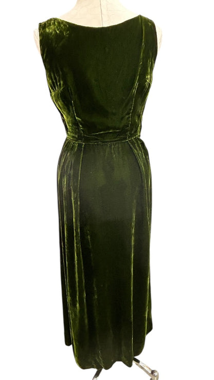 Myra Bushman Dress Green Velvet Sleeveless Gown Vintage 60s Formal USA
