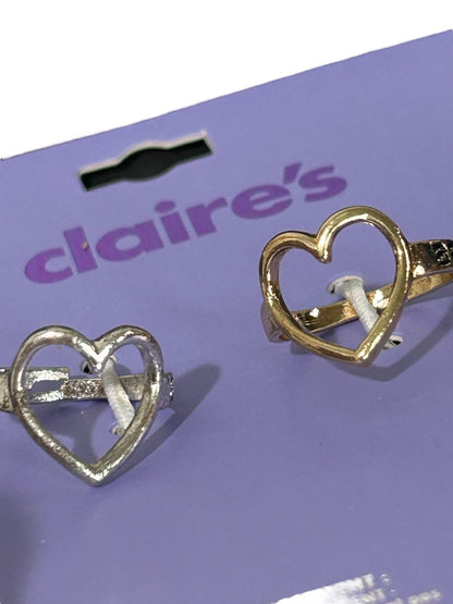 Claires New Set of 2 Adjustable Heart Rings Silvertone Goldtone