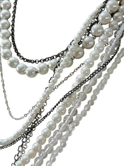 Mixed Beads Multistrand Tiered Necklace White Silvertone Pewter Oversize Lobster Clasp