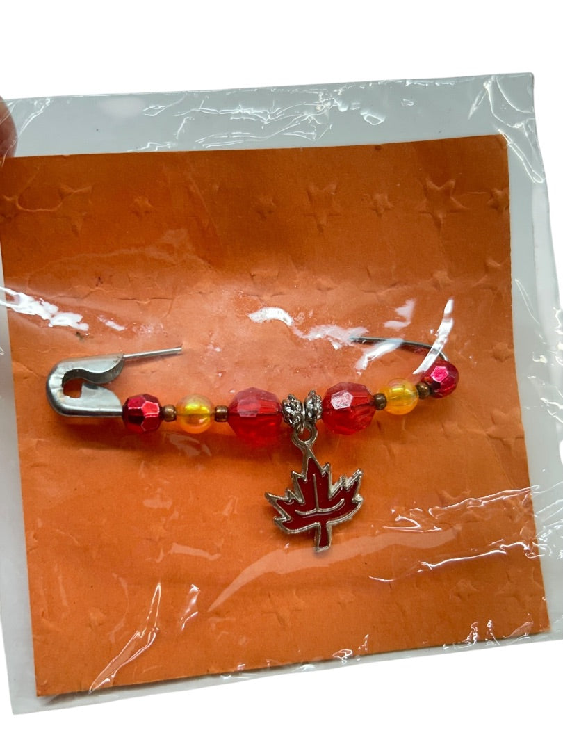 Harpo Originals Beaded Safety Pin Brooch Red Yellow Maple Leaf